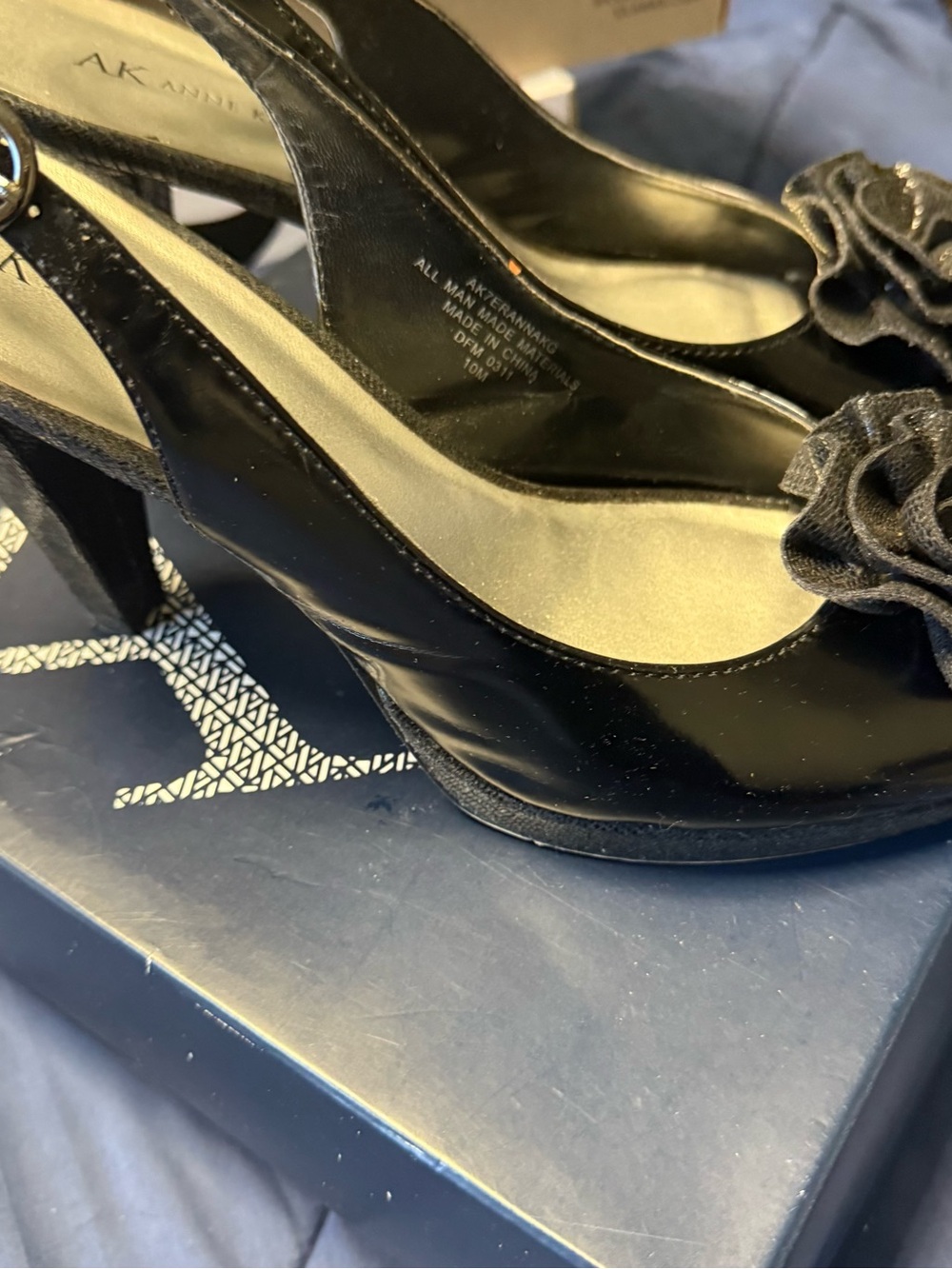 Anne Klein Black Patent Slingback Heels with Rosette Accent